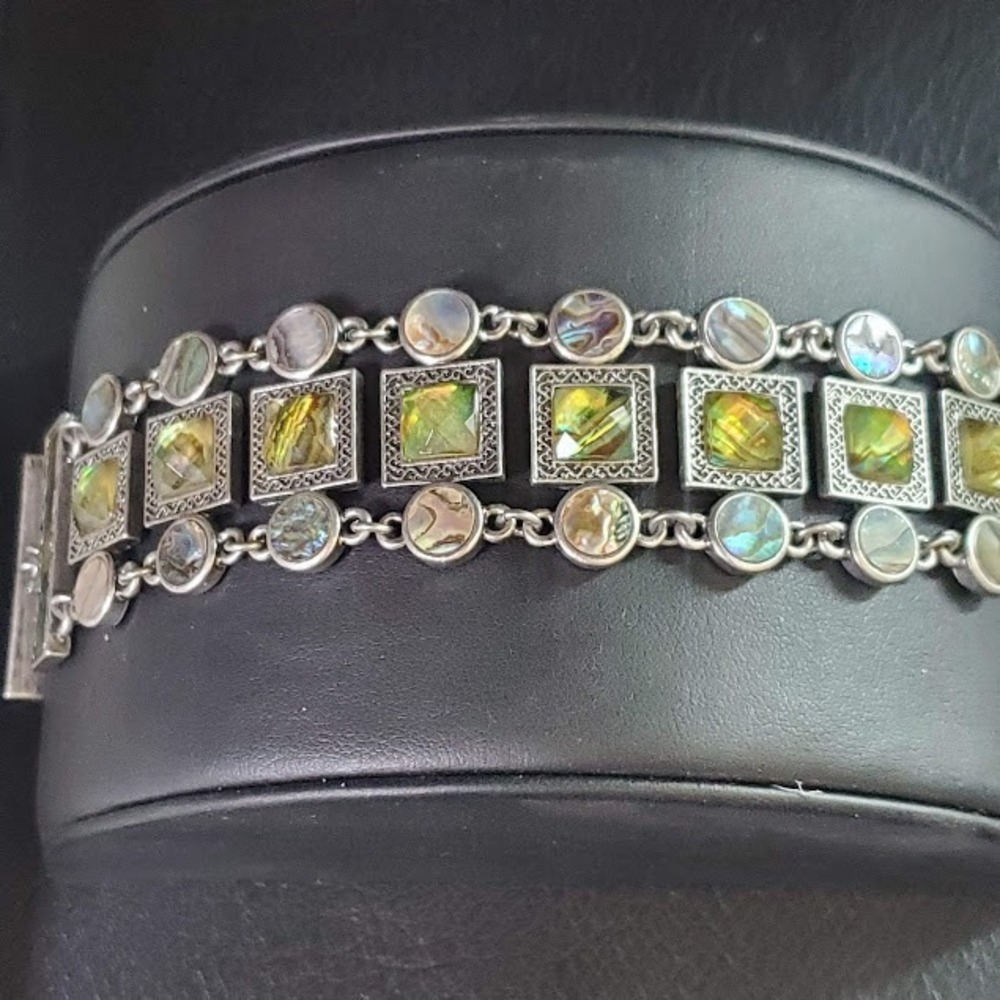 Lia Sophia Abalone Shell Silver Tone Multi Strand Toggle Bracelet Boho Filigree - Picture 9 of 9